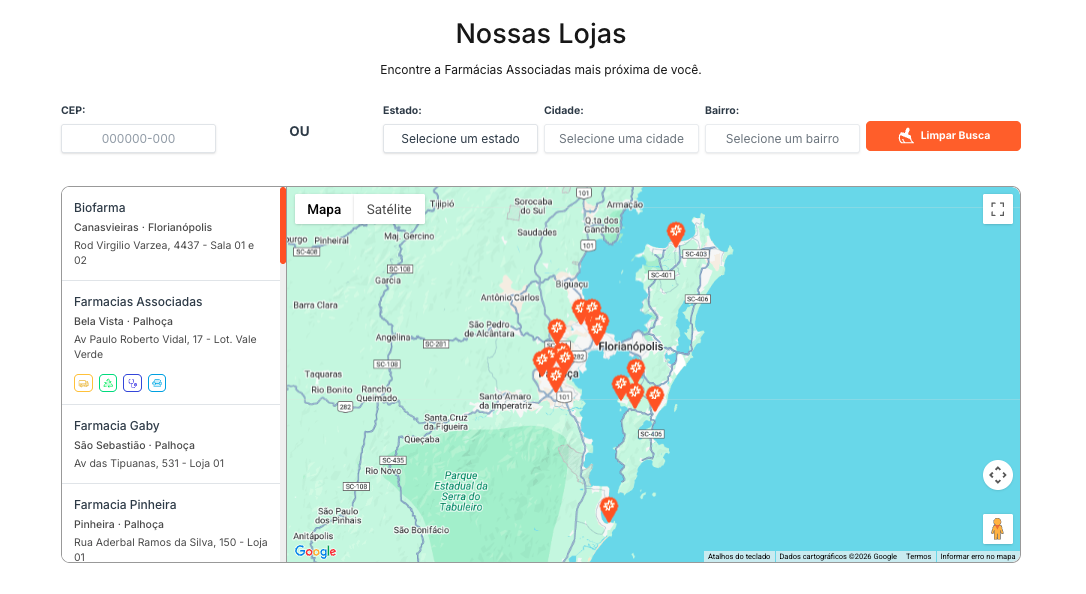 Mapa personalizado da rede Farmácias Associadas com identidade visual